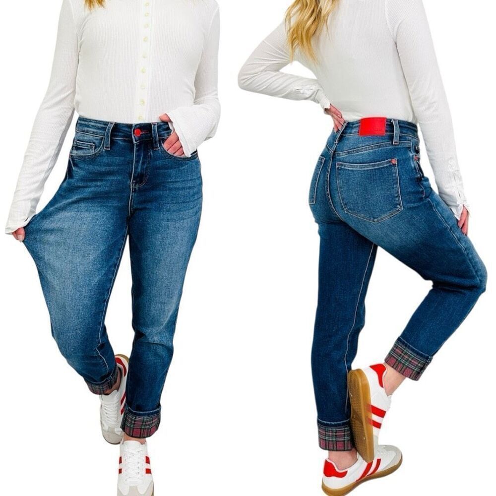 Judy Blue Buffalo Plaid Cuff Straight Leg Jeans Mid Rise Size 13/31 NWT - Picture 16 of 16